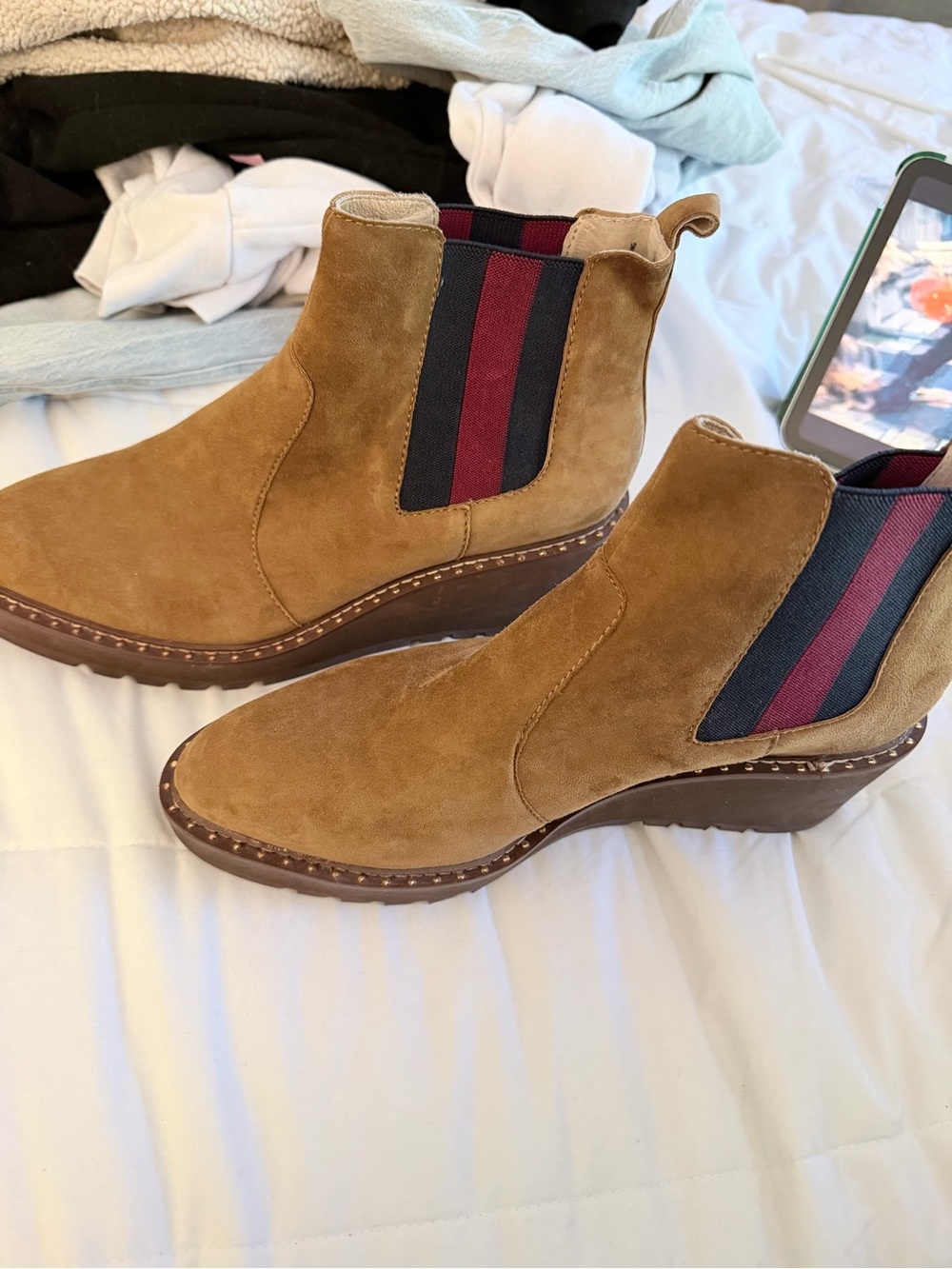 CECILIA NEW YORK Tan Suede Wedge Chelsea Boots with Red & Black Elastic